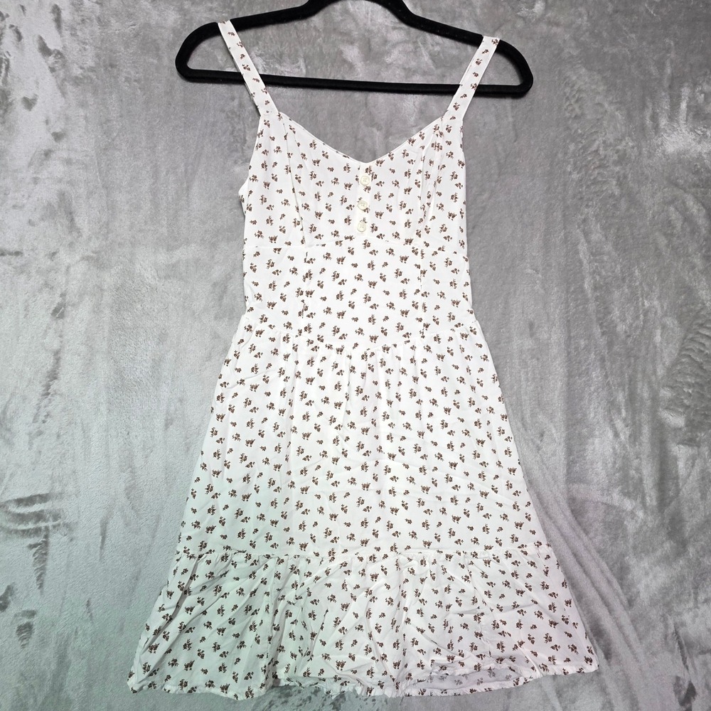 Hollister Floral Smocked Back Ruffle Hem Mini Dress White Brown XS Regular